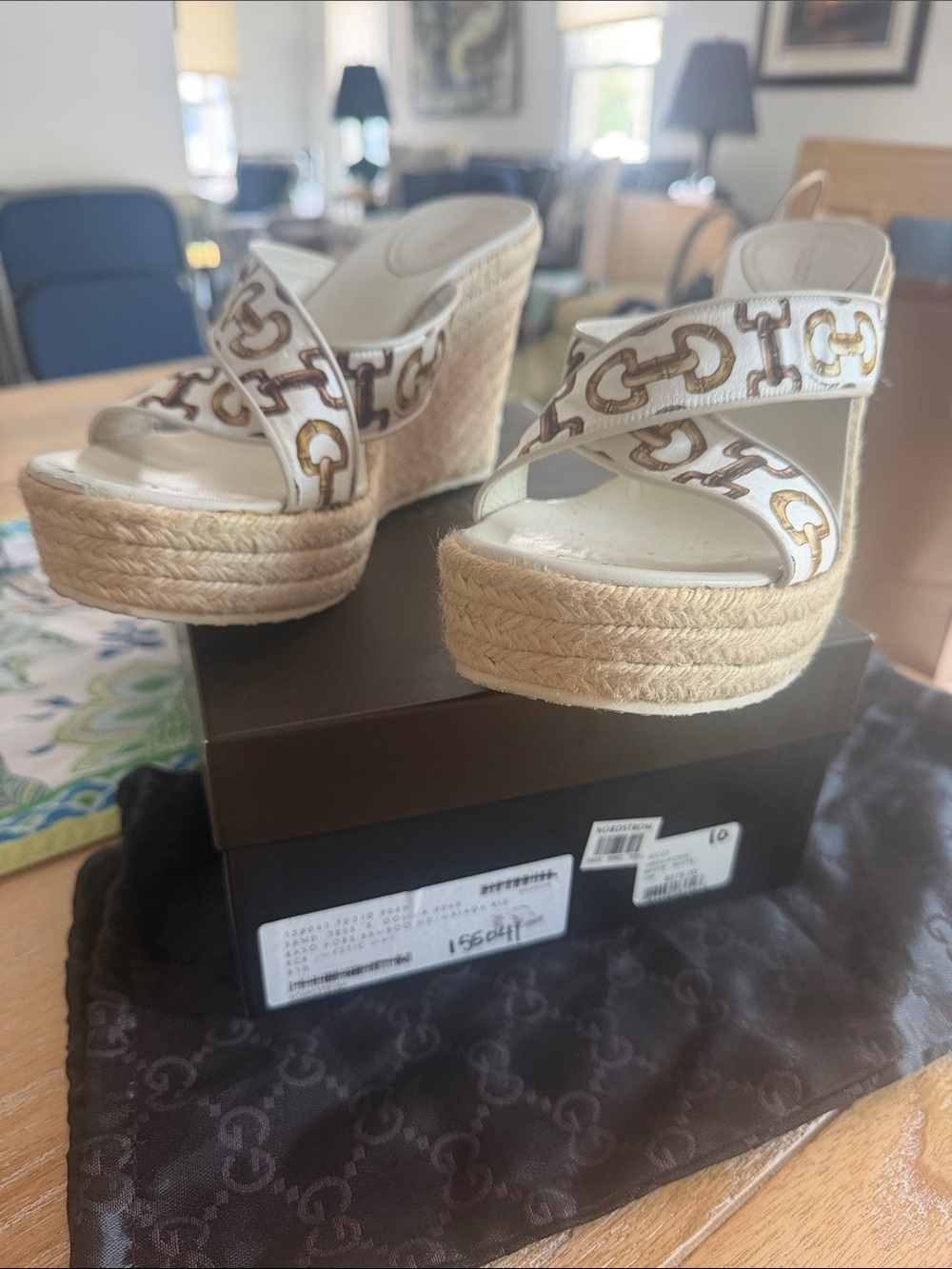 Gucci White Logo Horsebit Espadrille Wedge Sandals